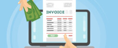 Invoice concept illustration. Laptop with hands, documents and money.