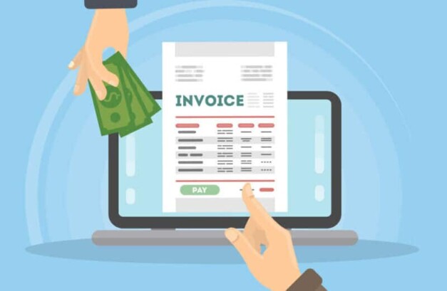 Invoice concept illustration. Laptop with hands, documents and money.